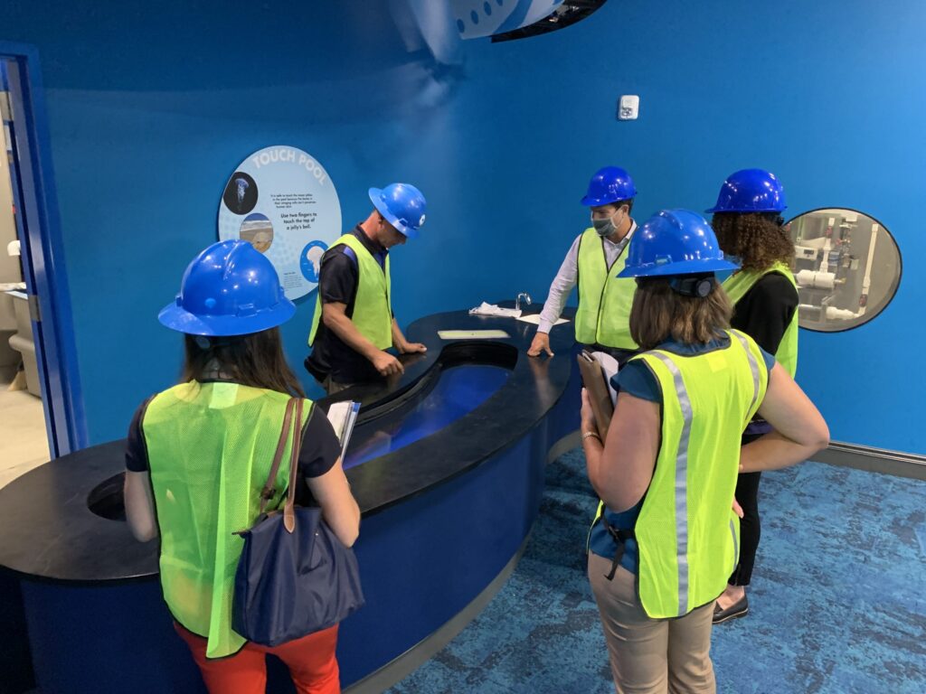 Aquarium workers gather around tank structure.